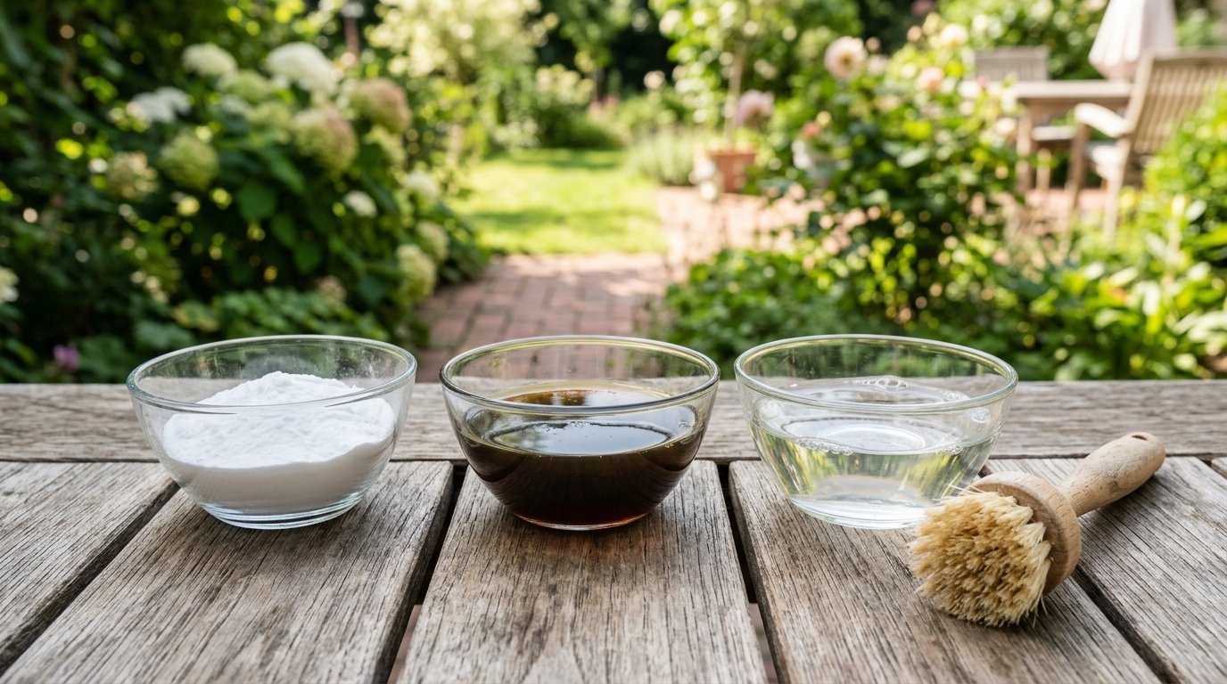 entdecken Sie, wie Sie Ihre Terrasse mit nur drei Küchenzutaten in 30 Minuten gründlich reinigen und dabei teure Reiniger sparen