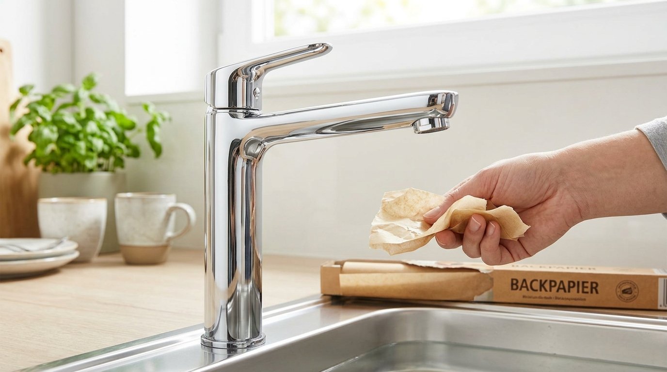 entdecken Sie, wie einfaches Küchenpapier Ihre Wasserhähne vor Kalk schützt und wochenlanges Glänzen ohne teure Entkalkungsmittel ermöglicht