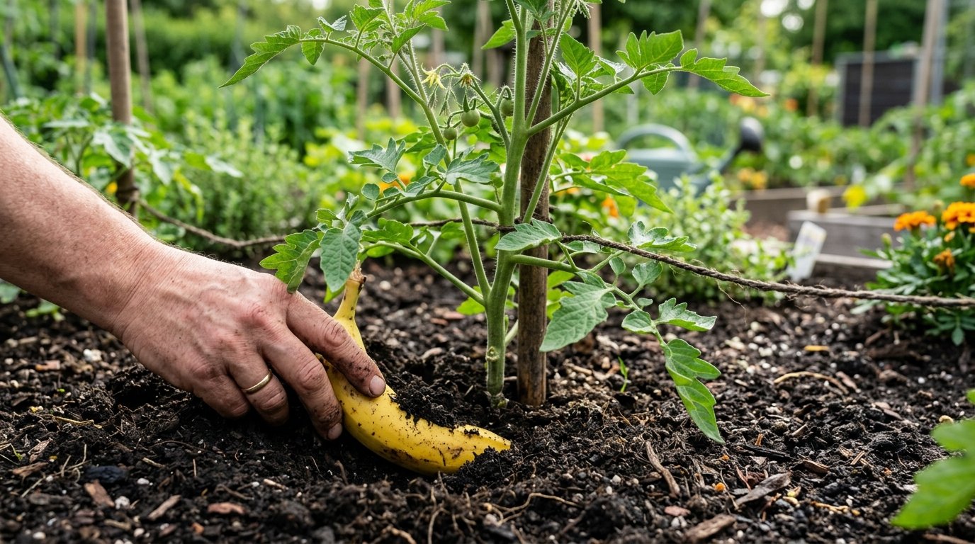 entdecken Sie, wie eine Banane an den Wurzeln Ihrer Tomatenpflanzen die Ernte steigert und saftigere Früchte mit mehr Aroma garantiert