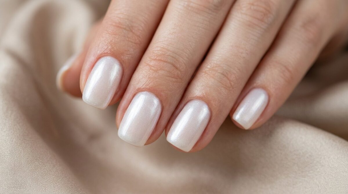 entdecken Sie die elegante Lichteffekt-Maniküre mit subtilen Schimmern, die Ihre Hände sofort verfeinert wirken lässt und den klassischen Nude-Nagellack ersetzt