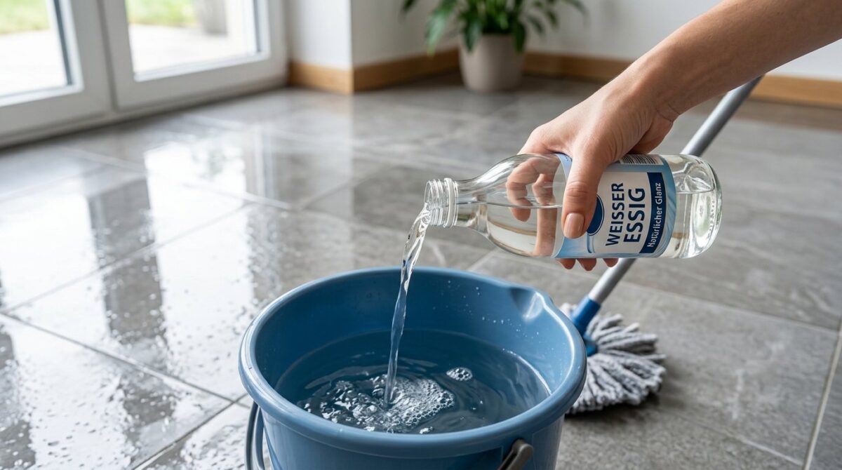 weißer Essig als Geheimtipp für glänzende und desinfizierte Steinzeugböden - das einfache Hausmittel, das Profis empfehlen statt teurer Reiniger
